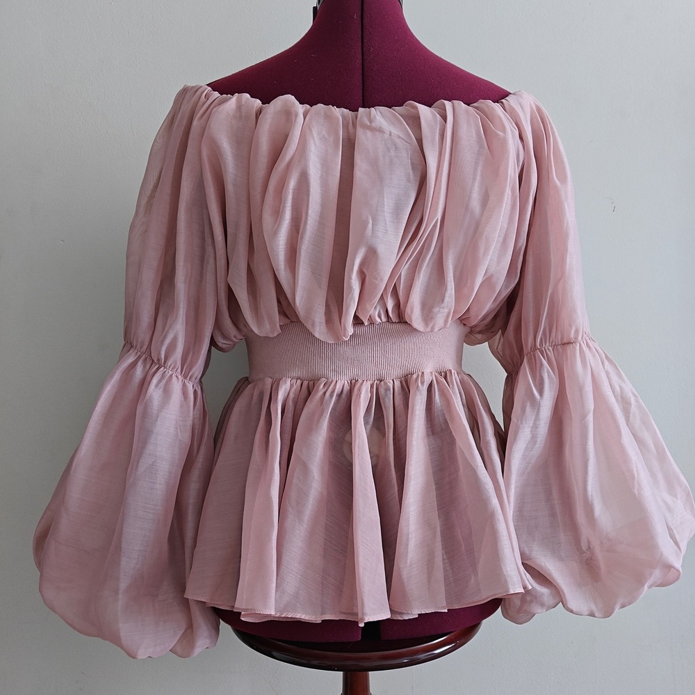 Akira Dusty Pink Off Shoulder Smocked Peplum Blouse Ruched Lantern Sleeve Small - Picture 2 of 7